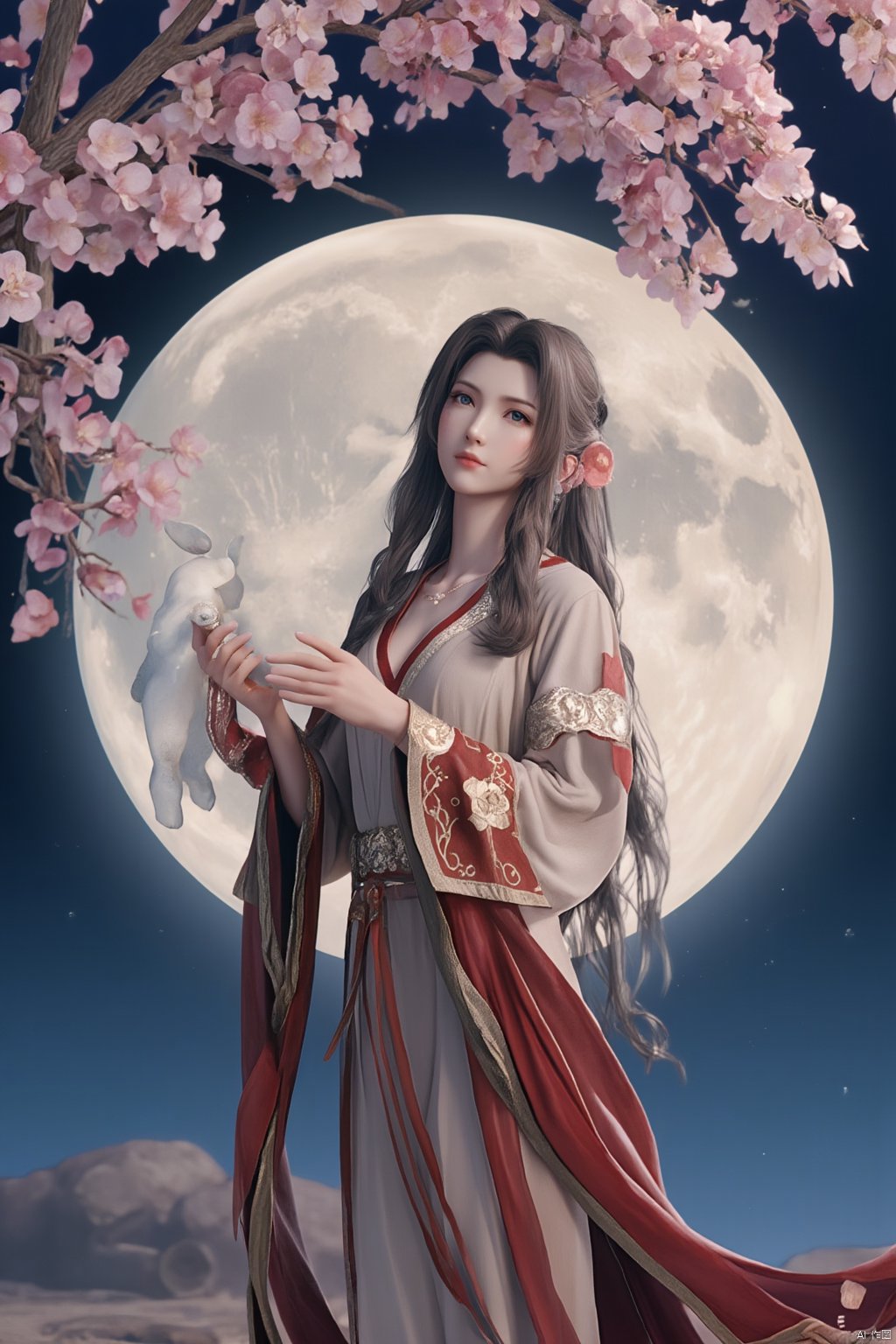 Best quality, Realistic, photorealistic, masterpiece,In the style of illustration, a mythical woman Chang 'e holds a white rabbit in her hands, with a full moon and an osmanthus tree behind her,Xyunxiao,(big breasts:1.99),Xxiaolongnv,Xyuanyao,Xtifa,XAerith