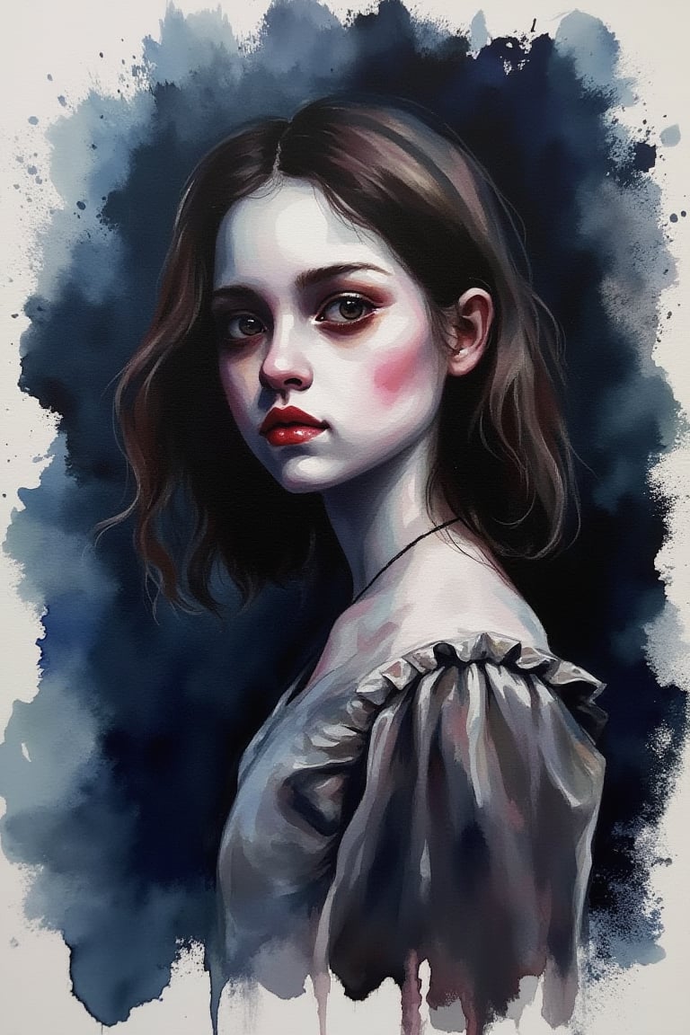 watercolor painting, mw style, abstract, a macabre portrait of a young girl. She is looking at the viewer over her shoulder. Cold and dark colors.