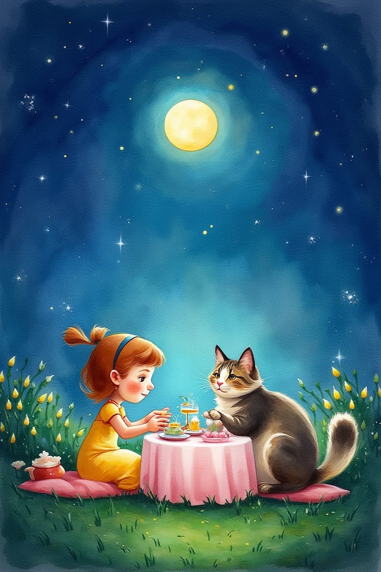 watercolor painting, ch style, a little girl and a cat are having a tea party under the starry sky. We see the moon.