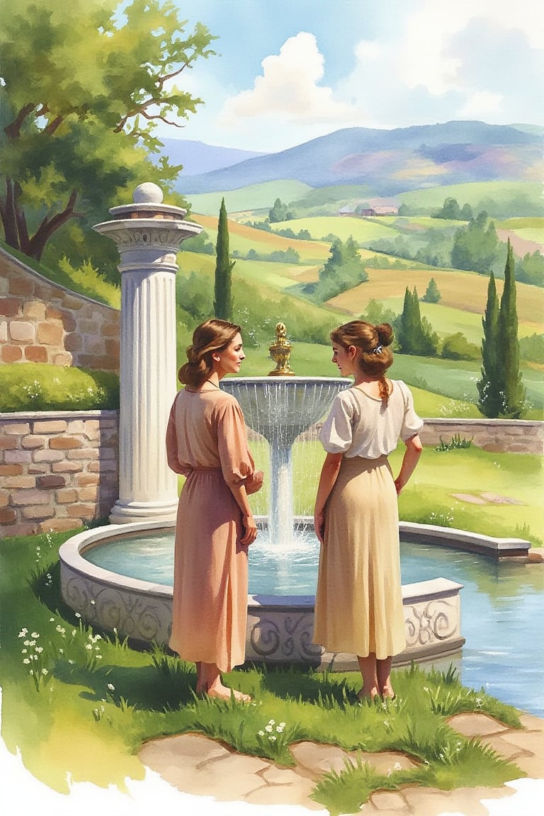 watercolor painting, vl style, two women are standing by a water fountain. There is a rural landscape in the background.