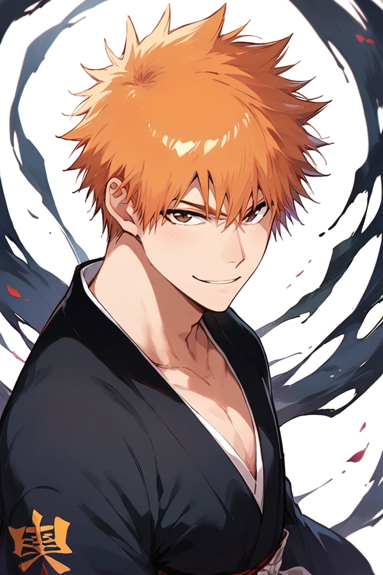 score_9, score_8_up, score_7_up, best quality, source_anime, male focus, looking at viewer, 1boy, smile, upper body, face close up,
kurosaki ichigo,orange hair,brown eyes,spiked hair,
toned male, black kimono, black japanese clothes,