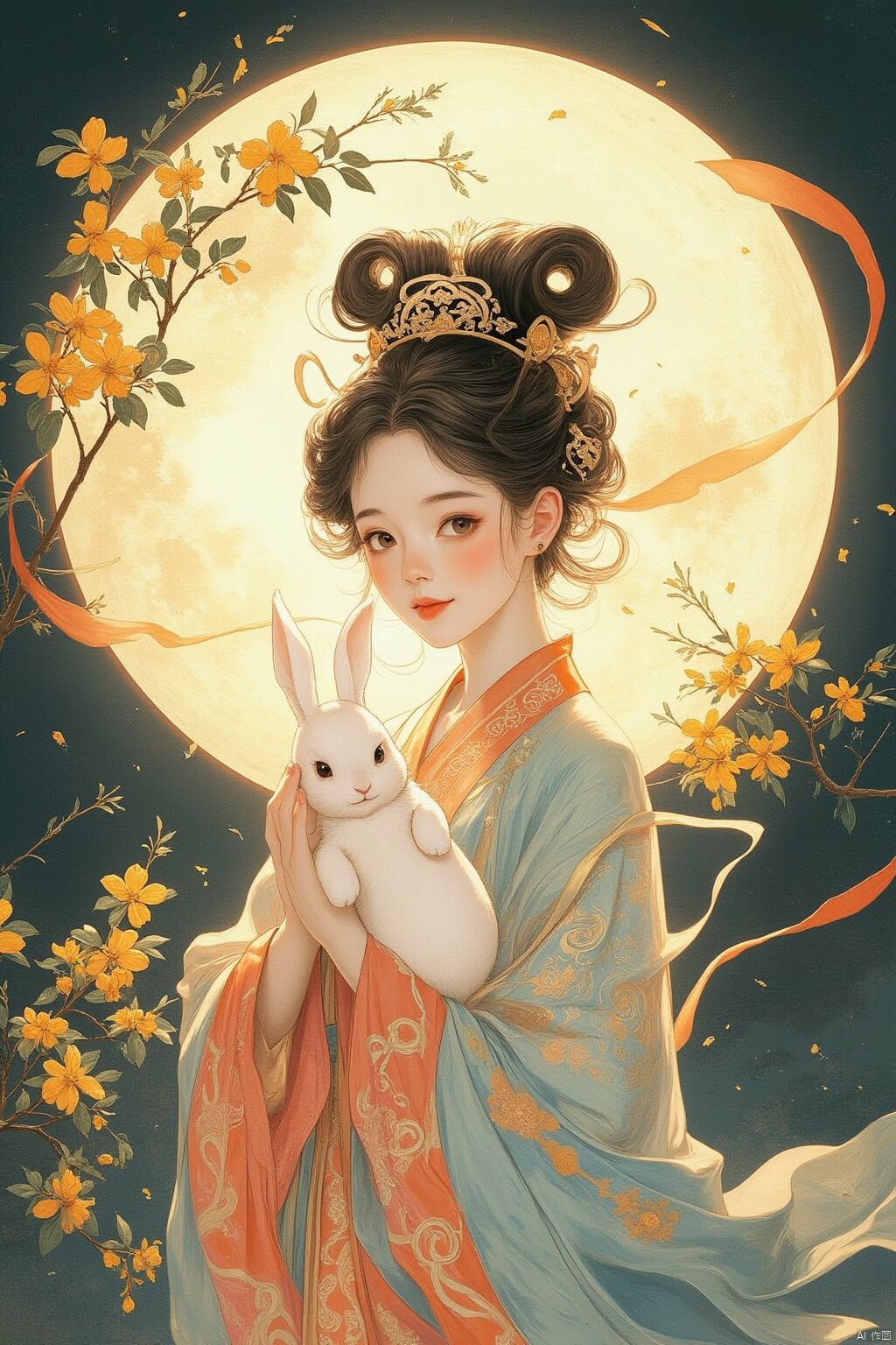 In the style of illustration, a mythical woman Chang 'e holds a white rabbit in her hands, with a full moon and an osmanthus tree behind her