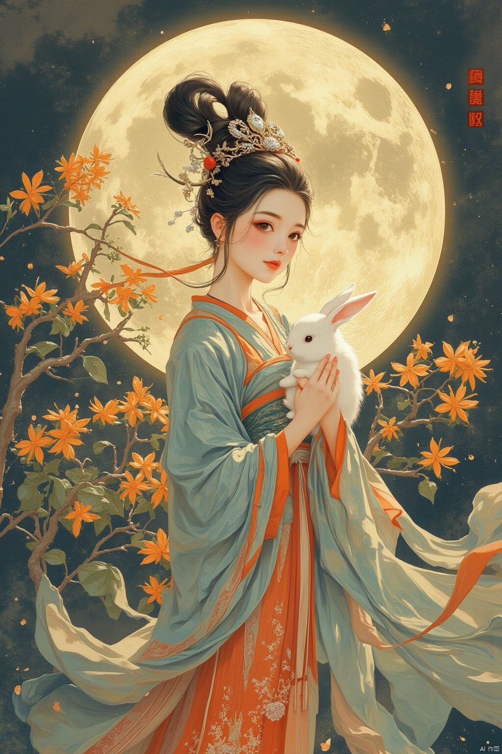 In the style of illustration, a mythical woman Chang 'e holds a jade rabbit in her hands, with a full moon and an osmanthus tree behind her