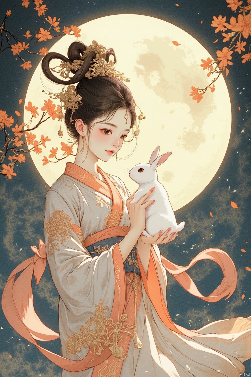 In the style of illustration, a mythical woman Chang 'e holds a white rabbit in her hands, with a full moon and an osmanthus tree behind her