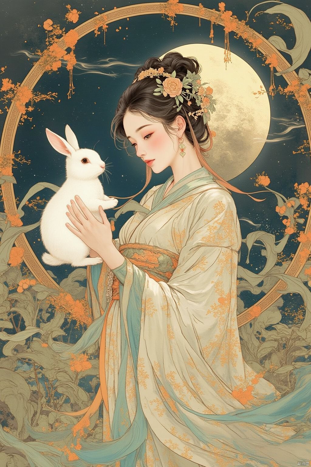 In the style of illustration, a mythical woman Chang 'e holds a white rabbit in her hands, with a full moon and an osmanthus tree behind her