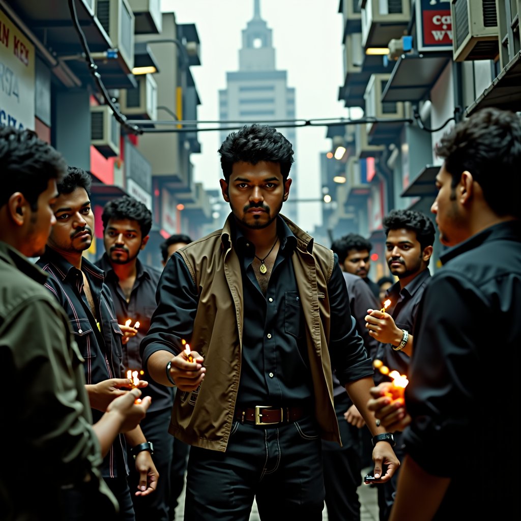 Vijay stands defiantly amidst a backdrop of darkened skyscrapers and smoke-filled alleys, a cinematic shot that captures his gritty determination. He's flanked by henchmen with menacing grins, their faces illuminated only by the faint glow of cigarette lighters. Vijay's eyes blaze with intensity as he squares off against his enemies, his fists clenched in anticipation of the impending battle. The cityscape looms large behind him, a towering monolith that seems to darken and compress as the villains close in.