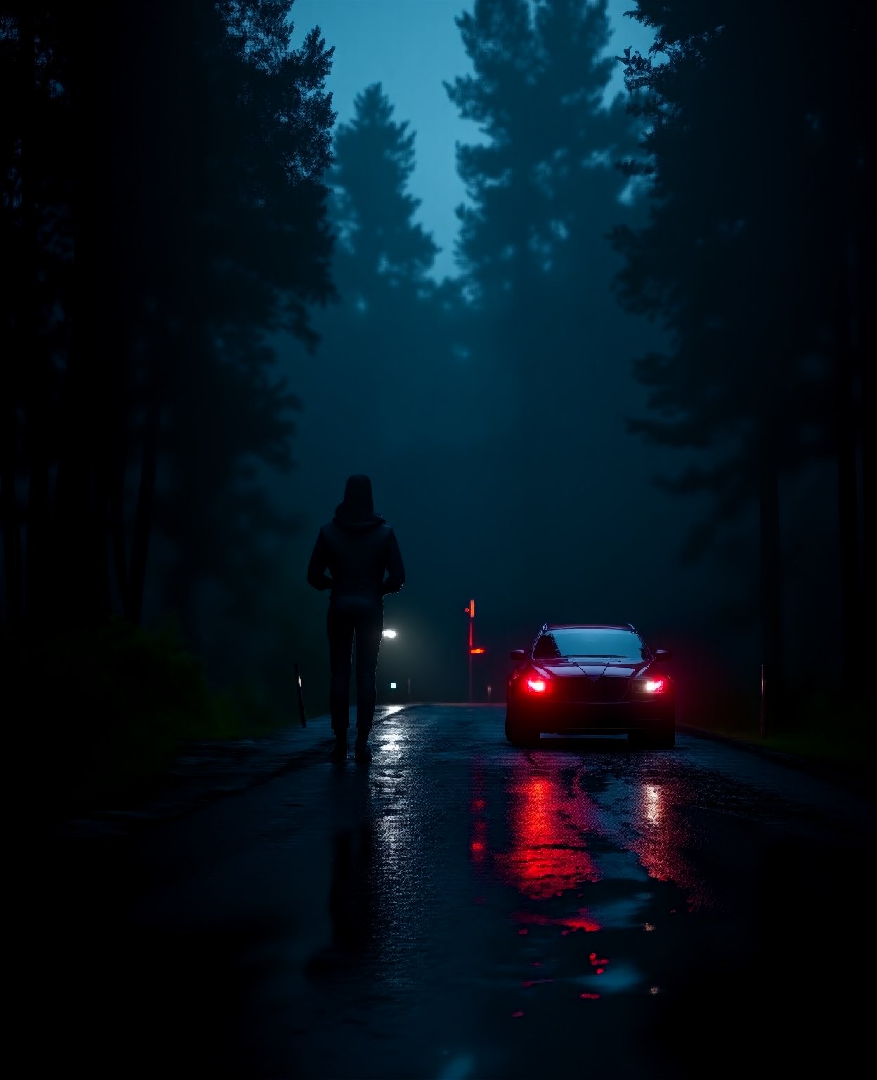 a woman standing next to a parked car in a dark night, reflections of car lights, lonely road in a forest, (best quality,4k,8k,highres,masterpiece:1.2),ultra-detailed,(realistic,photorealistic,photo-realistic:1.37),dramatic lighting,cinematic,moody atmosphere,deep shadows,dramatic contrast,detailed car,detailed woman,detailed forest,detailed road