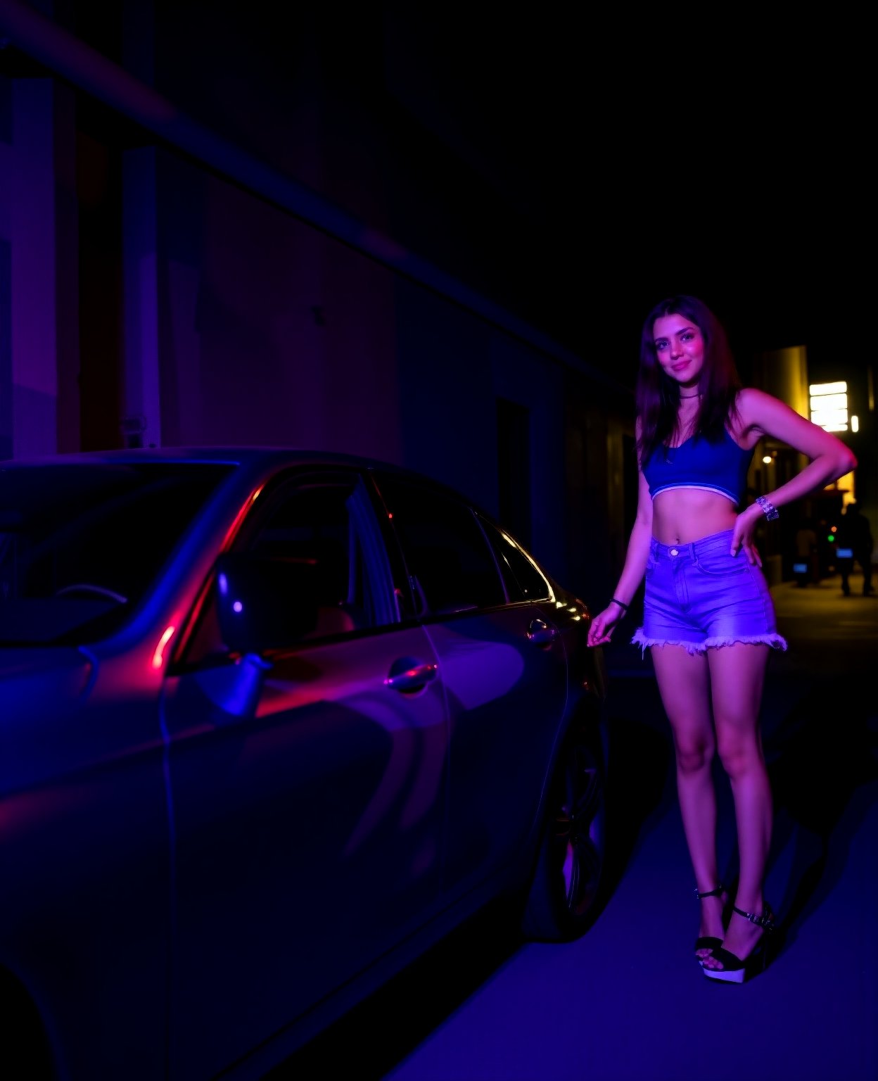 a dark night, a parked car purple with reflections of car lights, a woman in crop top and demin shorts, standing beside the car on a lonely road in a street city