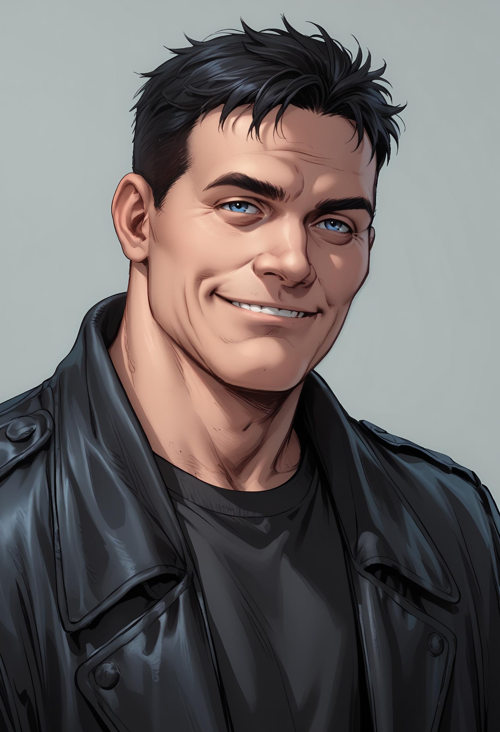 score_9, score_8_up, score_7_up, score_6_up, score_5_up, score_4_up, 1boy, <lora:BillyButcherComicsP:0.85>  male focus, black hair, short hair, blue eyes, jacket, shirt, black shirt, leather jacket, coat, smile, manly, square jaw,simple background,