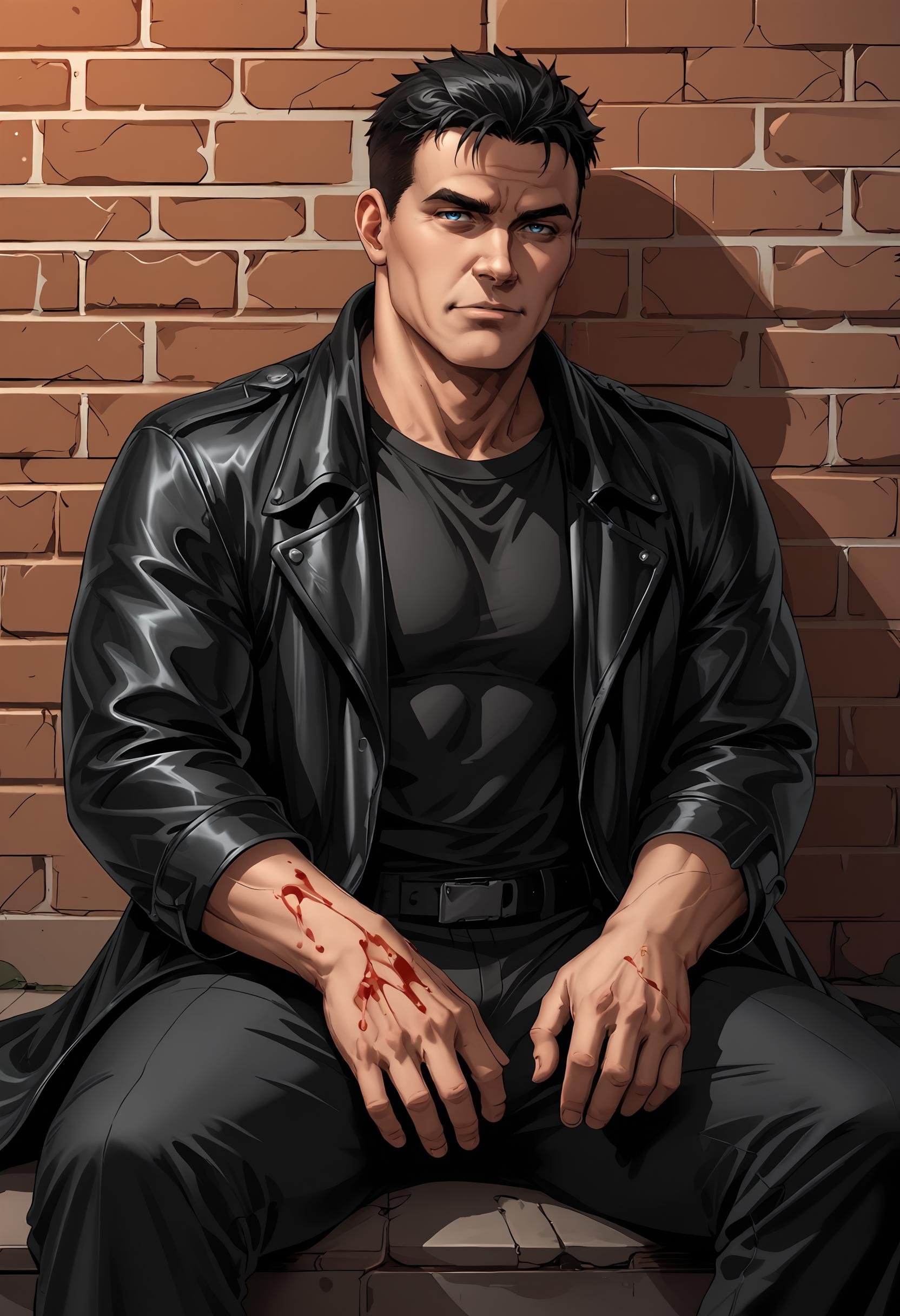 score_9, score_8_up, score_7_up, score_6_up, score_5_up, score_4_up, 1boy, <lora:BillyButcherComicsP:0.85>  male focus, black hair, short hair, blue eyes, jacket, shirt, black shirt, leather jacket, coat, manly, square jaw, muscular, blood on hands, sitting, on grouund, against wall, alley background, brick wall, 