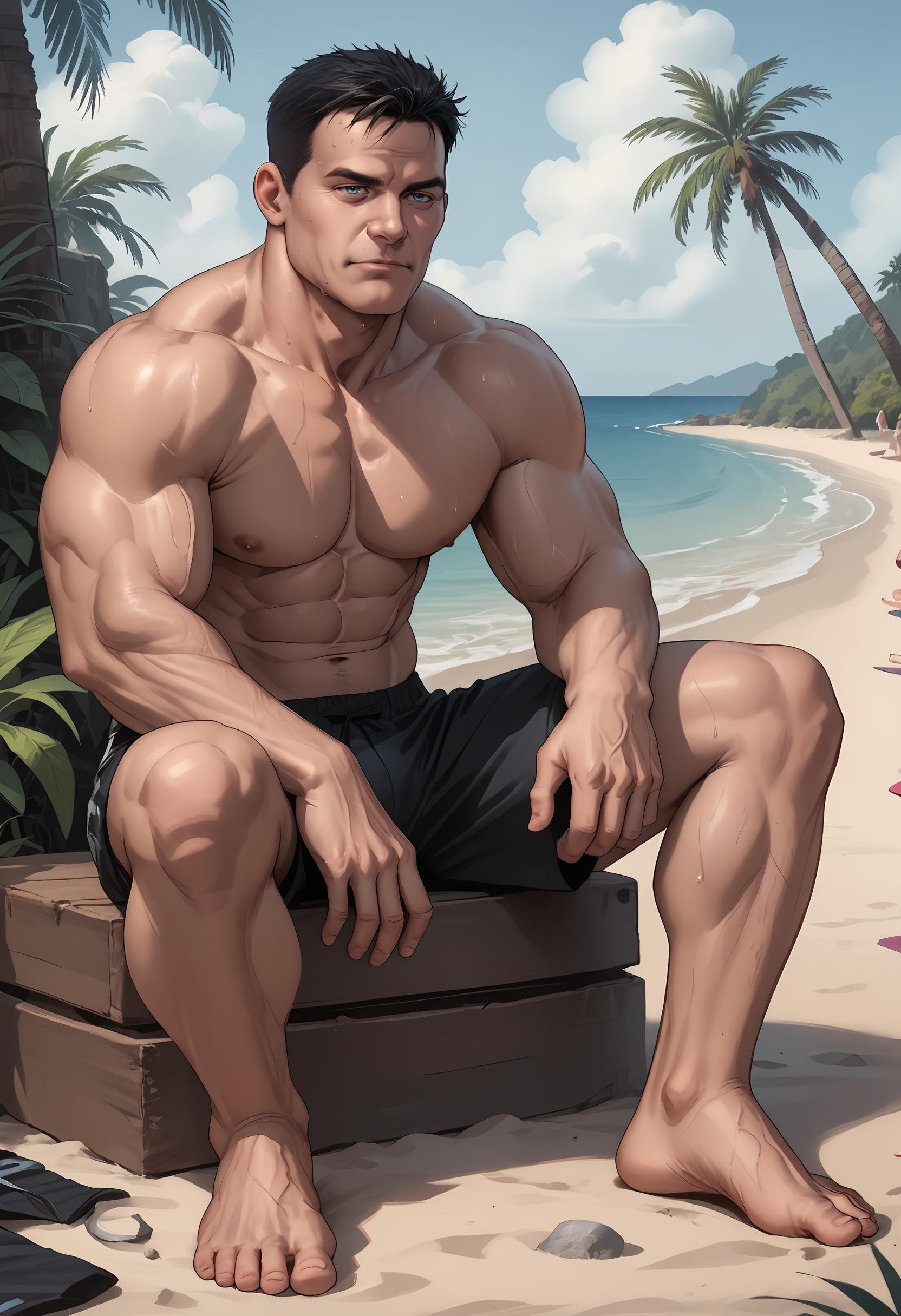 score_9, score_8_up, score_7_up, score_6_up, score_5_up, score_4_up, 1boy, <lora:BillyButcherComicsP:0.85>  solo, male focus, black hair, short hair, blue eyes, toples, black swimtrunks, bare legs, manly, square jaw, muscular, full body, sitting, sweaty, beach background, palm tree, 