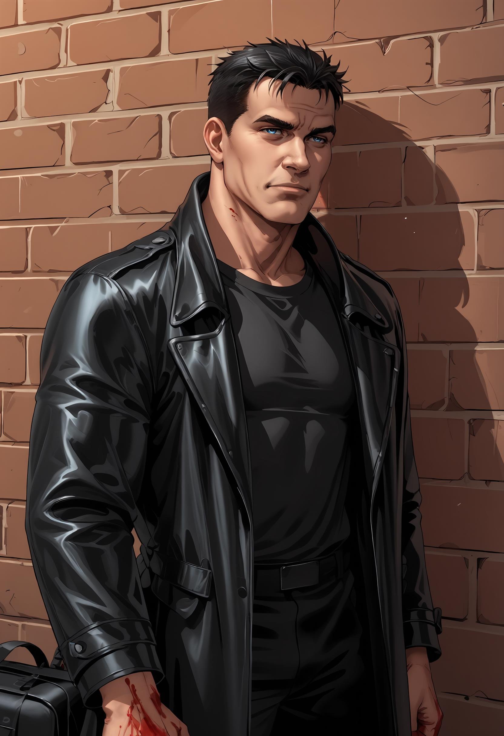 score_9, score_8_up, score_7_up, score_6_up, score_5_up, score_4_up, 1boy, <lora:BillyButcherComicsP:0.85>  male focus, black hair, short hair, blue eyes, jacket, shirt, black shirt, leather jacket, coat, manly, square jaw, muscular, from side, blood on hands, alley background, brick wall, 