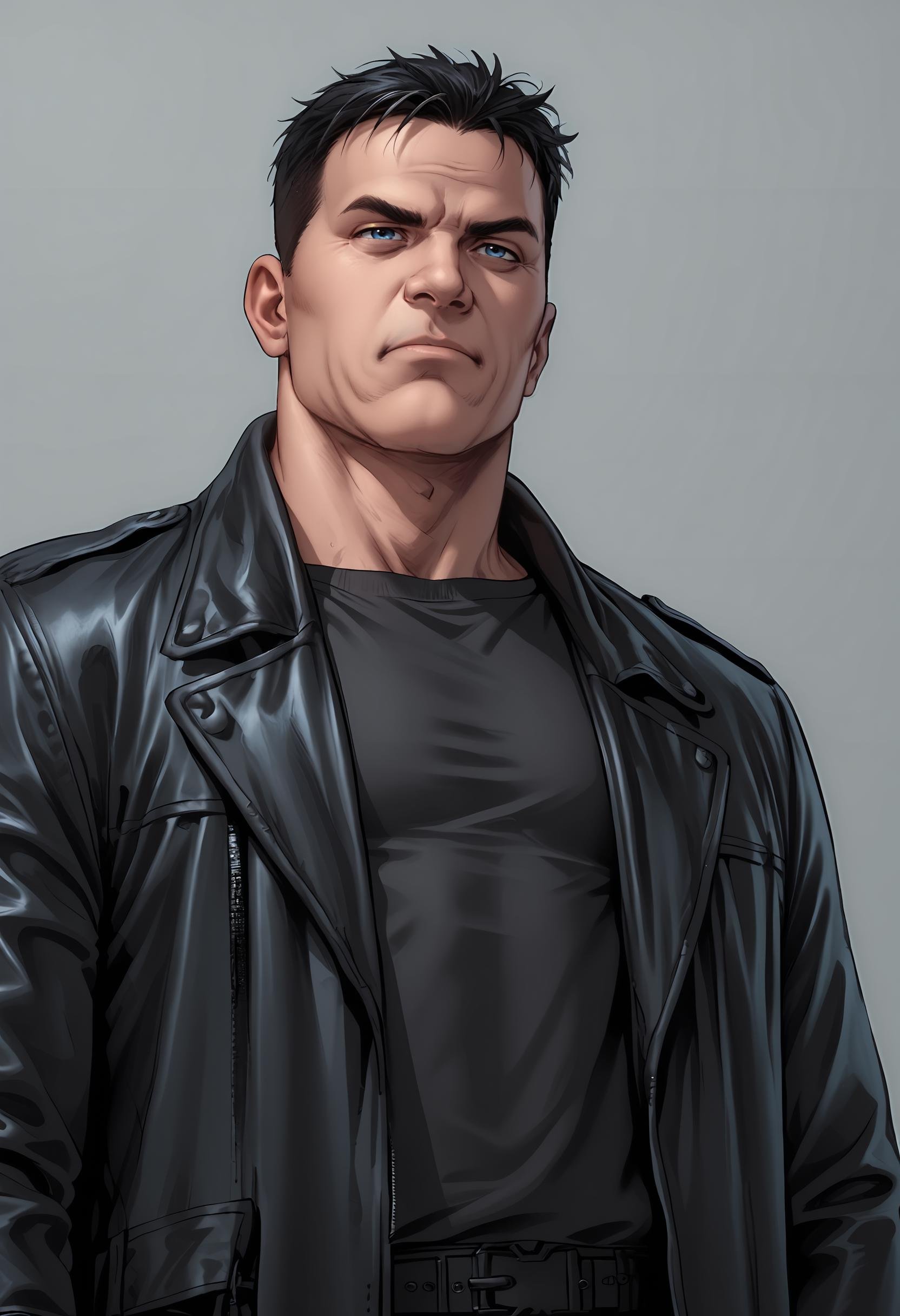 score_9, score_8_up, score_7_up, score_6_up, score_5_up, score_4_up, 1boy, <lora:BillyButcherComicsP:0.85>  male focus, black hair, short hair, blue eyes, jacket, shirt, black shirt, leather jacket, coat, manly, square jaw, muscular, from below, angry,simple background,