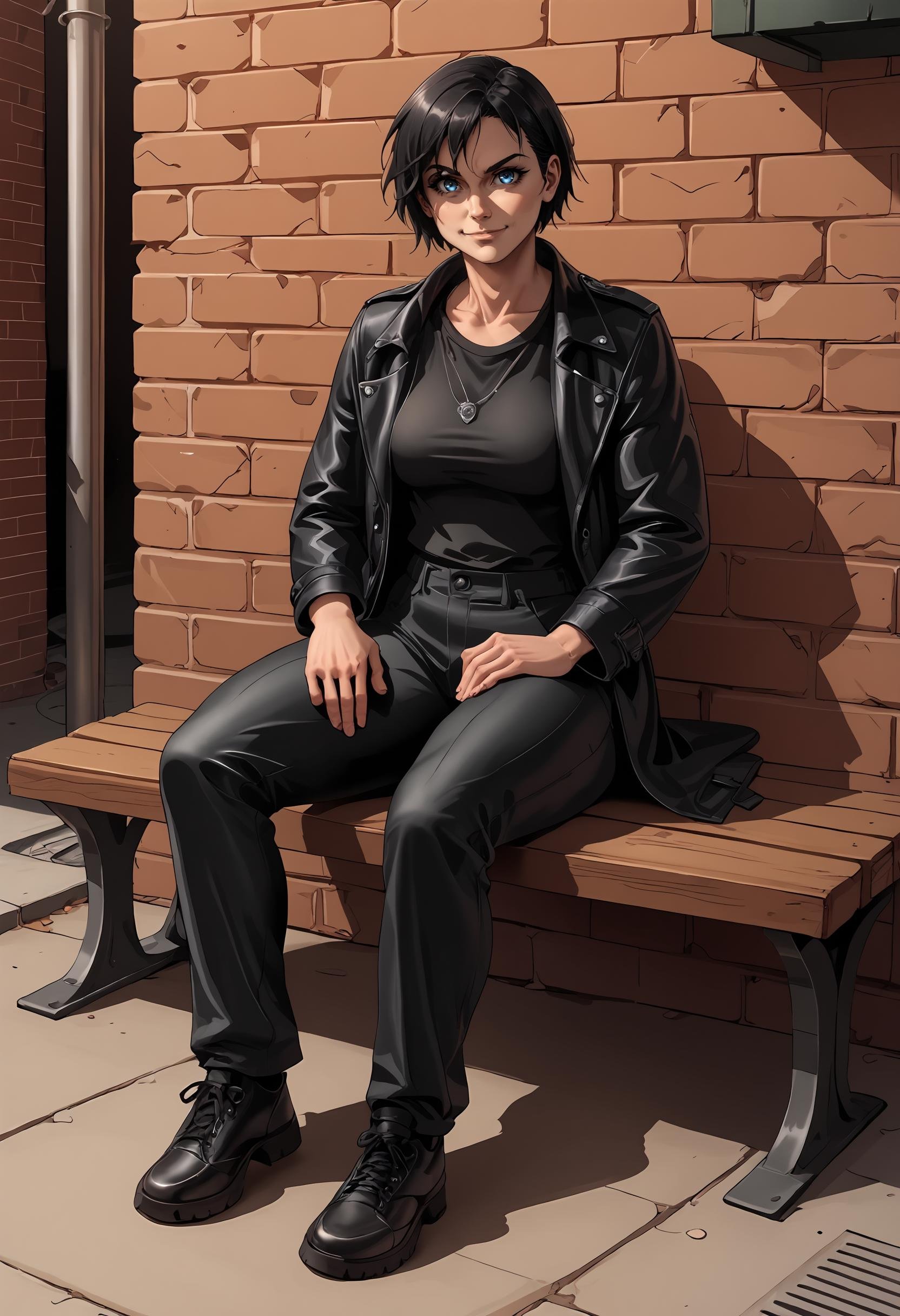 score_9, score_8_up, score_7_up, score_6_up, score_5_up, score_4_up, 1girl, <lora:BillyButcherComicsP:0.85>  solo, black hair, short hair, blue eyes, jacket, shirt, black shirt, leather jacket, coat, pants, black pants, muscular female, full body, sitting, bench, smile, alley background, brick wall, 