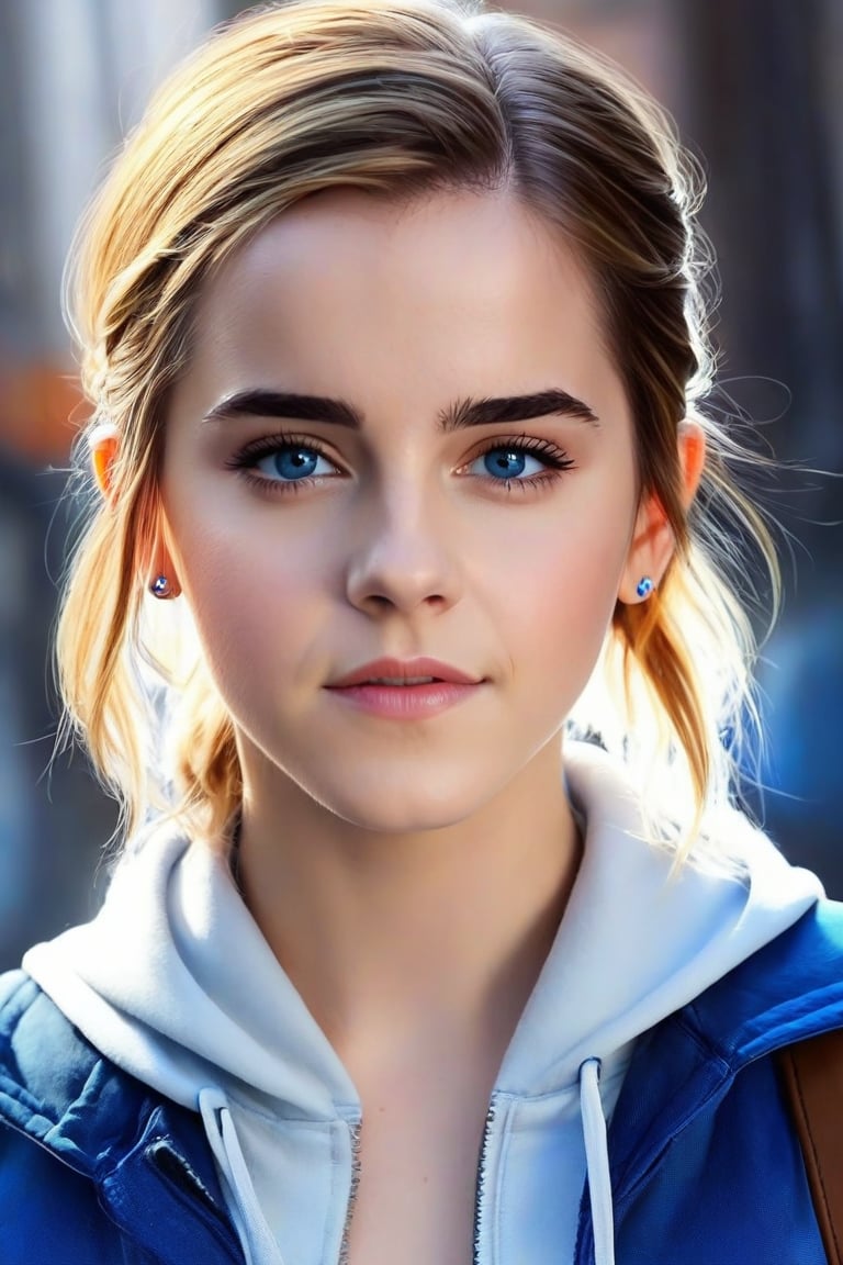 (best quality,realistic,anime:1.2),1girl, Emma Watson (at the age of 14), lip,beautiful detailed blue eyes,beautiful detailed lips,extremely detailed eyes and face,long eyelashes,strong expressions,soft touch,expressive poses,modern outfit,tight fitting stylish clothes,neon hair,artistic brushstrokes,clean lines,vibrant colors,contrast,highlights,shadows,blue gradient background,texture,chic style,dynamic composition,interesting angle,textured crop,fashionable,cool vibes