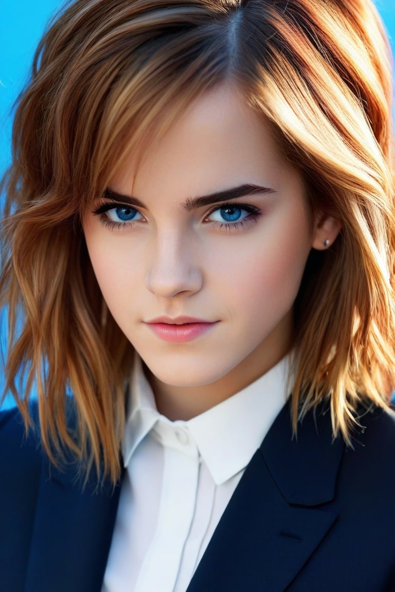 (best quality,realistic,anime:1.2),1girl, young Emma Watson (at the age of 14), upper body, lip,beautiful detailed blue eyes,beautiful detailed lips,extremely detailed eyes and face,long eyelashes,strong expressions,soft touch,expressive poses,modern outfit,tight fitting stylish clothes,red neon hair,artistic brushstrokes,clean lines,vibrant colors,contrast,highlights,shadows,blue gradient background,texture,chic style,dynamic composition,interesting angle,textured crop,fashionable,cool vibes