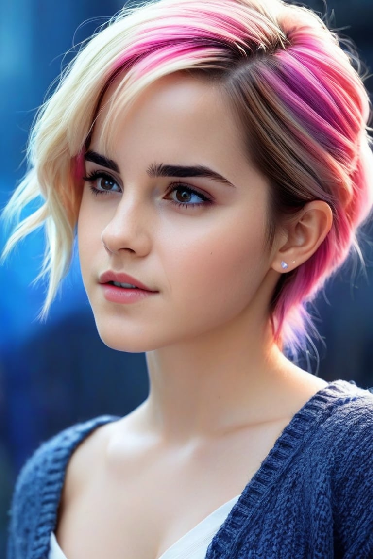 (best quality,realistic,anime:1.2),1girl, Emma Watson, 12, lip,beautiful detailed eyes,beautiful detailed lips,extremely detailed eyes and face,long eyelashes,strong expressions,soft touch,expressive poses,modern outfit,stylish clothes,neon hair,artistic brushstrokes,clean lines,vibrant colors,contrast,highlights,shadows,blue gradient background,texture,embroidered sweater,chic style,dynamic composition,interesting angle,textured crop,fashionable,cool vibes