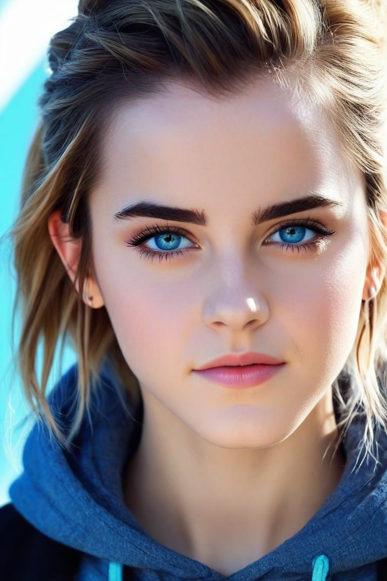 (best quality,realistic,anime:1.2),1girl, young Emma Watson (at the age of 14), upper body, lip,beautiful detailed blue eyes,beautiful detailed lips,extremely detailed eyes and face,long eyelashes,strong expressions,soft touch,expressive poses,modern outfit,tight fitting stylish clothes,neon hair,artistic brushstrokes,clean lines,vibrant colors,contrast,highlights,shadows,blue gradient background,texture,chic style,dynamic composition,interesting angle,textured crop,fashionable,cool vibes