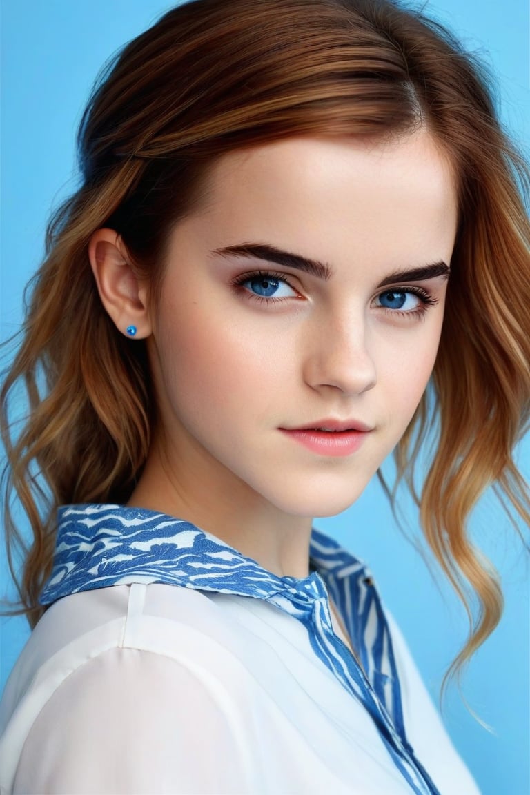 (best quality),1girl, realistic, young Emma Watson (at the age of 14), full body, lip,beautiful detailed blue eyes,beautiful detailed lips,extremely detailed eyes and face,long eyelashes,strong expressions,soft touch,expressive poses,modern outfit,tight fitting stylish clothes,red neon hair,artistic brushstrokes,clean lines,vibrant colors,contrast,highlights,shadows,blue gradient background,texture,chic style,dynamic composition,interesting angle,textured crop,fashionable,cool vibes