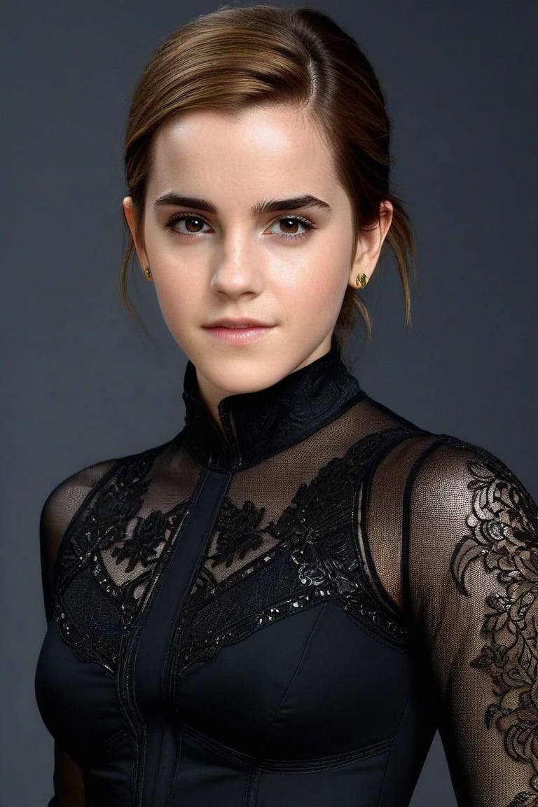 Craft a hyper realistic vertical upper body photo of the most attractive stunning young girl (Emma Watson at the age of 14), fitting black nanofiber suit, intricate design, intricate bodysuit, transparent parts, perfectly detailed eyes, intricate beauty with make-up, sparkling, reflections, (translucent), sexy, elegant, sporty, simple background, dim light, volumetric lighting, hyper realistic, blurry foreground, blurry background, (bloodborne:1.1),