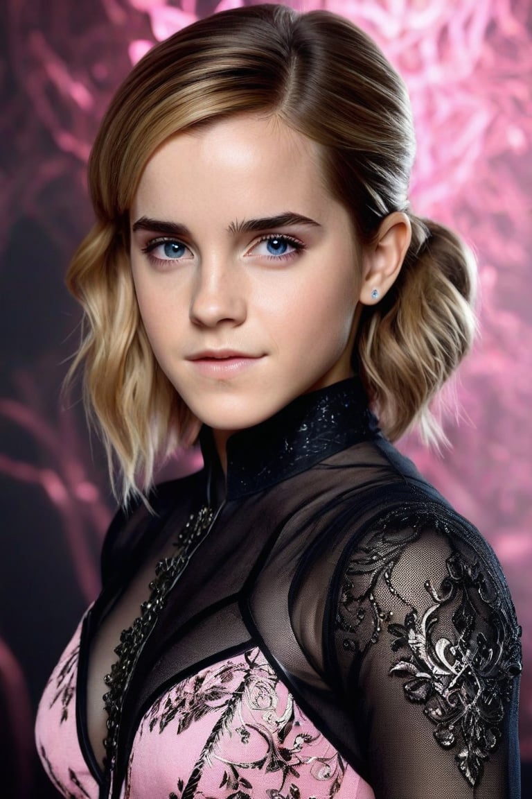 Craft a hyper realistic vertical upper body photo of the most attractive stunning young girl (Emma Watson at the age of 14), blue eyes, blonde hair, fitting pink nanofiber suit, intricate black design, intricate bodysuit, transparent parts, perfectly detailed eyes, intricate beauty with make-up, sparkling, reflections, (translucent), sexy, elegant, sporty, simple background, dim light, volumetric lighting, hyper realistic, blurry foreground, blurry background, (bloodborne:1.1),