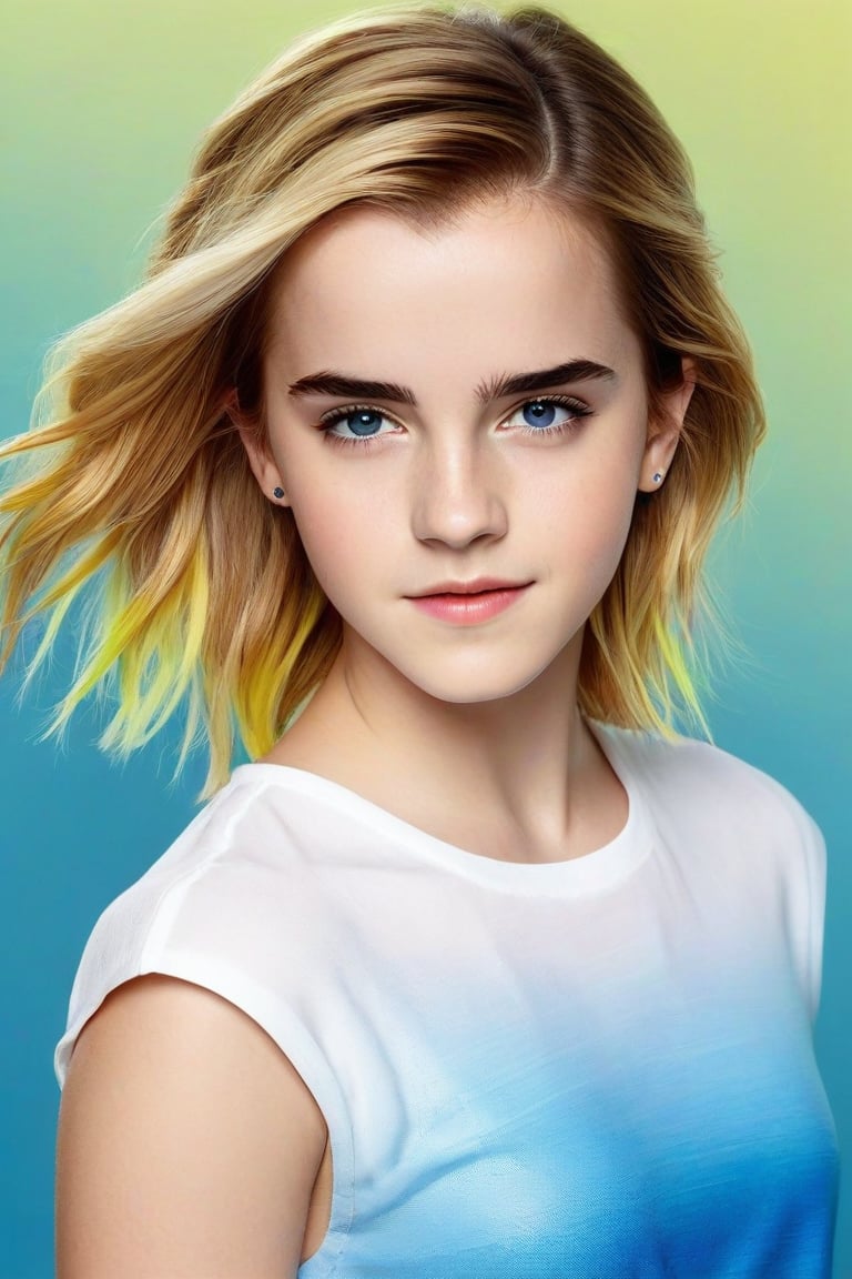 (best quality),1girl, realistic, young Emma Watson (at the age of 11), full body, lip,beautiful detailed blue eyes,beautiful detailed lips,extremely detailed eyes and face,long eyelashes,strong expressions,soft touch,expressive poses,modern outfit,tight fitting stylish clothes,neon yellow hair,artistic brushstrokes,clean lines,vibrant colors,contrast,highlights,shadows,blue gradient background,texture,chic style,dynamic composition,interesting angle,textured crop,fashionable,cool vibes