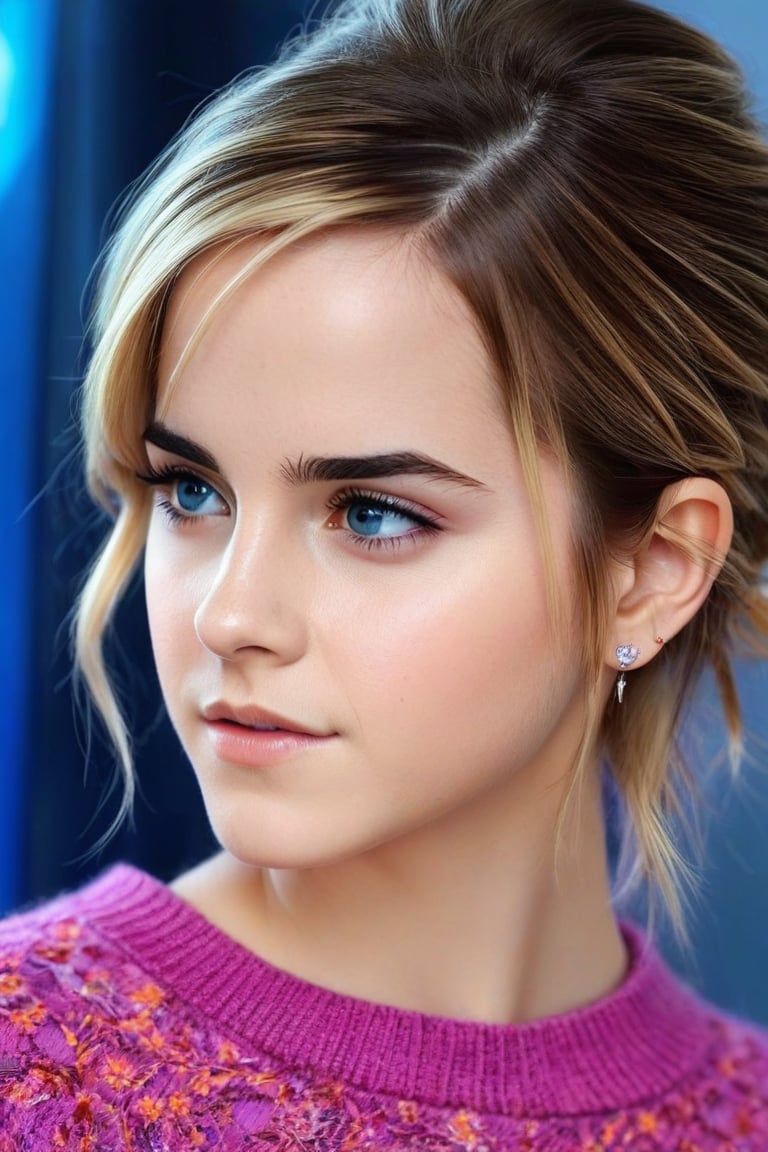 (best quality,realistic,anime:1.2),1girl, Emma Watson (at the age of 14), lip,beautiful detailed blue eyes,beautiful detailed lips,extremely detailed eyes and face,long eyelashes,strong expressions,soft touch,expressive poses,modern outfit,tight fitting stylish clothes,neon hair,artistic brushstrokes,clean lines,vibrant colors,contrast,highlights,shadows,blue gradient background,texture,embroidered sweater,chic style,dynamic composition,interesting angle,textured crop,fashionable,cool vibes