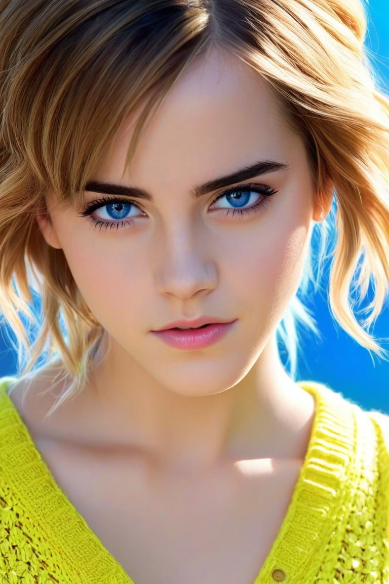 (best quality,realistic,anime:1.2),1girl, Emma Watson (age of 12), lip,beautiful detailed blue eyes,beautiful detailed lips,extremely detailed eyes and face,long eyelashes,strong expressions,soft touch,expressive poses,modern outfit,stylish clothes,neon hair,artistic brushstrokes,clean lines,vibrant colors,contrast,highlights,shadows,blue gradient background,texture,embroidered sweater,chic style,dynamic composition,interesting angle,textured crop,fashionable,cool vibes