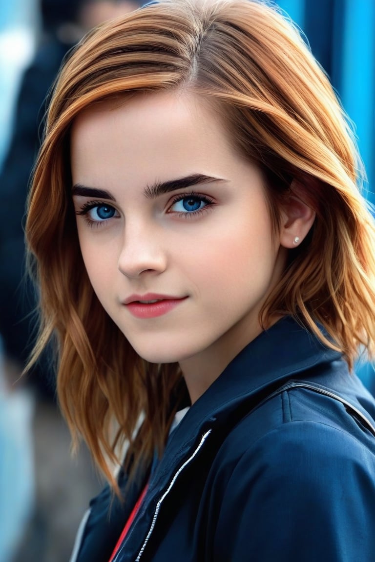 (best quality,realistic,anime:1.2),1girl, realistic, young Emma Watson (at the age of 14), upper body, lip,beautiful detailed blue eyes,beautiful detailed lips,extremely detailed eyes and face,long eyelashes,strong expressions,soft touch,expressive poses,modern outfit,tight fitting stylish clothes,red neon hair,artistic brushstrokes,clean lines,vibrant colors,contrast,highlights,shadows,blue gradient background,texture,chic style,dynamic composition,interesting angle,textured crop,fashionable,cool vibes