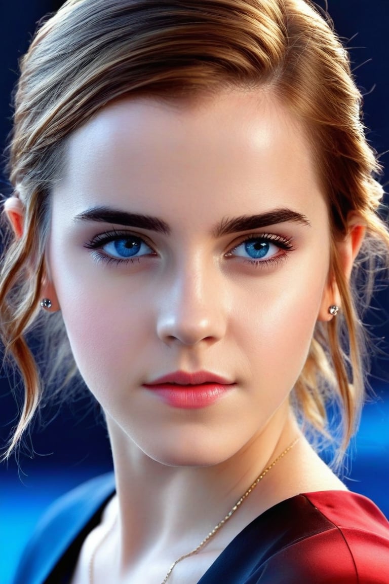 (best quality),1girl, realistic, young Emma Watson (at the age of 14), upper body, lip,beautiful detailed blue eyes,beautiful detailed lips,extremely detailed eyes and face,long eyelashes,strong expressions,soft touch,expressive poses,modern outfit,tight fitting stylish clothes,red neon hair,artistic brushstrokes,clean lines,vibrant colors,contrast,highlights,shadows,blue gradient background,texture,chic style,dynamic composition,interesting angle,textured crop,fashionable,cool vibes