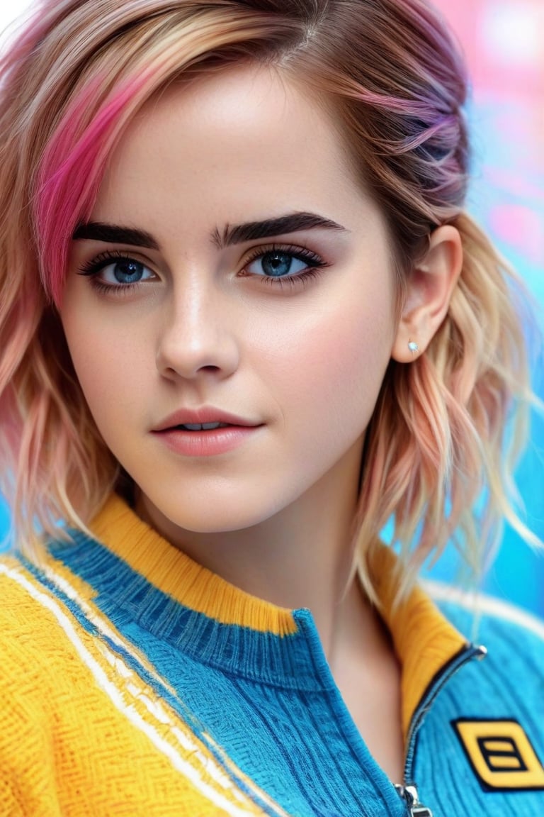 (best quality,realistic,anime:1.2),1girl, Emma Watson, 12, lip,beautiful detailed eyes,beautiful detailed lips,extremely detailed eyes and face,long eyelashes,strong expressions,soft touch,expressive poses,modern outfit,stylish clothes,neon hair,artistic brushstrokes,clean lines,vibrant colors,contrast,highlights,shadows,blue gradient background,texture,embroidered sweater,chic style,dynamic composition,interesting angle,textured crop,fashionable,cool vibes