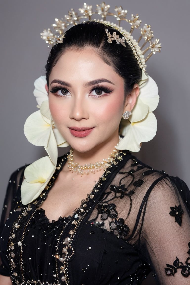 1girl, solo, smile, short hair, simple background, black hair, hair ornament, dress, jewelry, upper body, flower, earrings, grey background, necklace, black eyes, lips, grey eyes, eyelashes, makeup, realistic,j3sicamil4