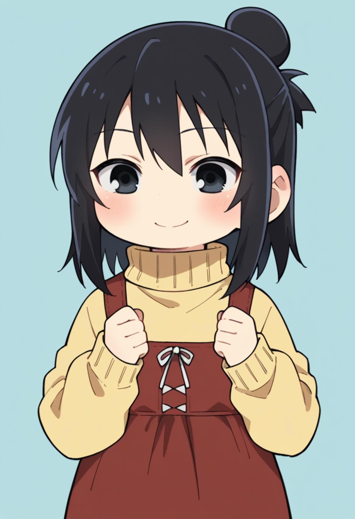 score_9, score_8_up, score_8, source_anime, 1girl, solo, chibi, <lora:HitohaMarui:0.7> , black eyes, black hair, hair bun, yellow sweater, turtleneck, red dress, smile, blush, upper body focus, light blue background, simple background,