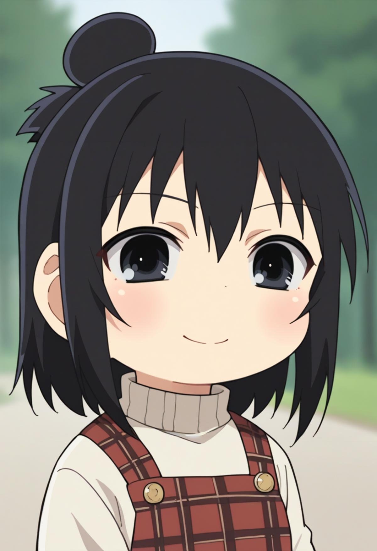 score_9, score_8_up, score_8, source_anime, 1girl, solo, chibi, <lora:HitohaMarui:0.9> black eyes, black hair, hair bun, turtleneck, plaid dress, white turtleneck, smile, simple background, blurry background,        