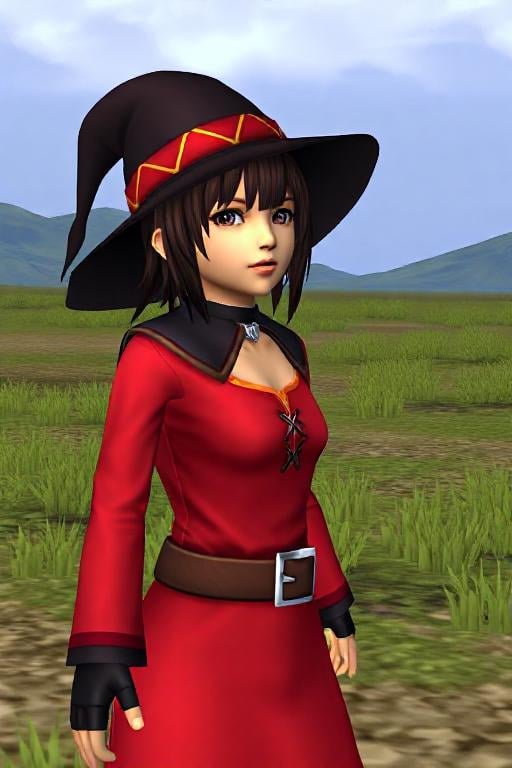 no anti aliasing, pixelated,noise, low resolution textures , low poly,  megumin wearing a witch hat and a cape, dressed in a red long sleeved strapless dress with a brown belt wearing black fingerless gloves and a collar, playstation 2 screenshot, grassland, ps2 style <lora:ps2-style:0.9>  <lora:megumin_v2_18--:0.9>