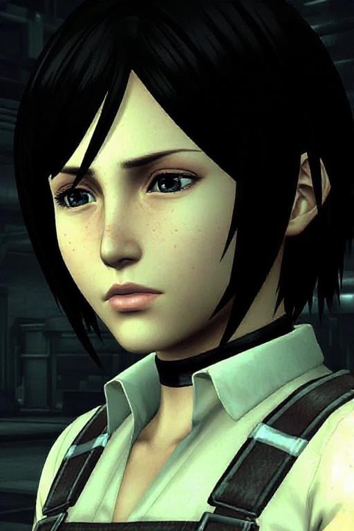 no anti aliasing, pixelated,noise, low resolution textures , low poly,  mikasa ackerman,  playstation 2 screenshot,  ps2 style <lora:ps2-style:0.9>  <lora:mikasa_ackerman_f1d:0.7>