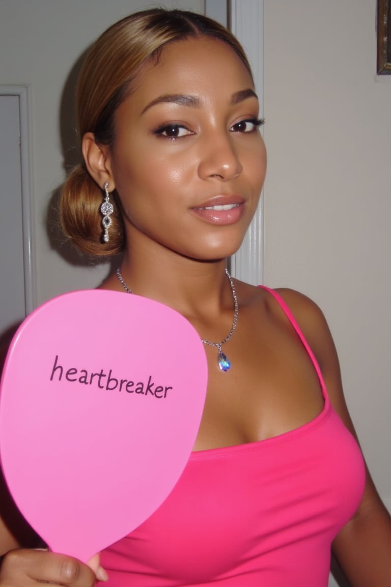 Brenda's face, on flickr 2007,  a woman of african descent with blonde hair styled in a bun, wearing a pink top and jewelry that includes earrings and a necklace. She holds a pink paddle with the words "heartbreaker" written on it. The setting appears to be indoors, possibly a room within a house or apartment, given the presence of a door frame in the background. The lighting is soft and diffused, suggesting either indoor lighting or overcast outdoor conditions. There are no discernible filters applied to the image; it appears to be a straightforward photograph without any artistic alterations. The focus is on the subject and her accessories, which are highlighted by their bright colors against the neutral tones of her attire and the background. 2007 blog, 2005 blog