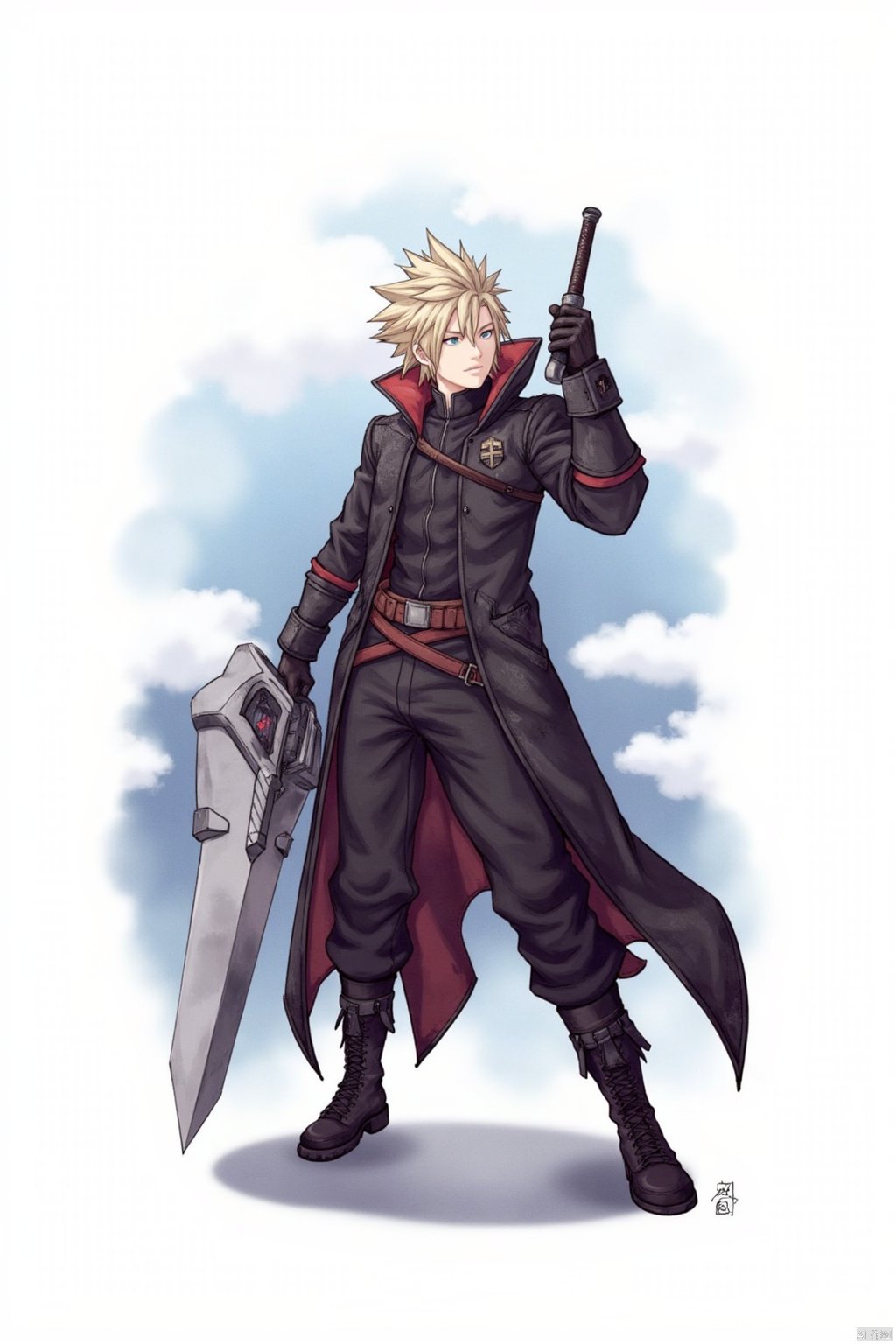 1boy,holding, standing, full body,weapon, cloud  Strife