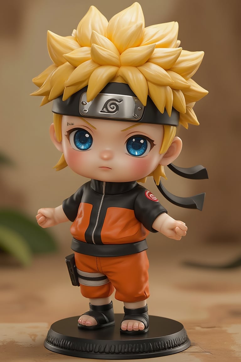 small and cute naruto simulation plastic model, (eye color transformation), (bright and clear eyes), anime style, depth of field, cinematic lighting, god ray, ray tracing, reflected light projection , bright light, side view, close up, masterpiece, best quality, high resolution, super detailed, high definition surgical precision resolution, UHD, skin texture, full body , chibi blonde hair, round black plastic base Enhances it all