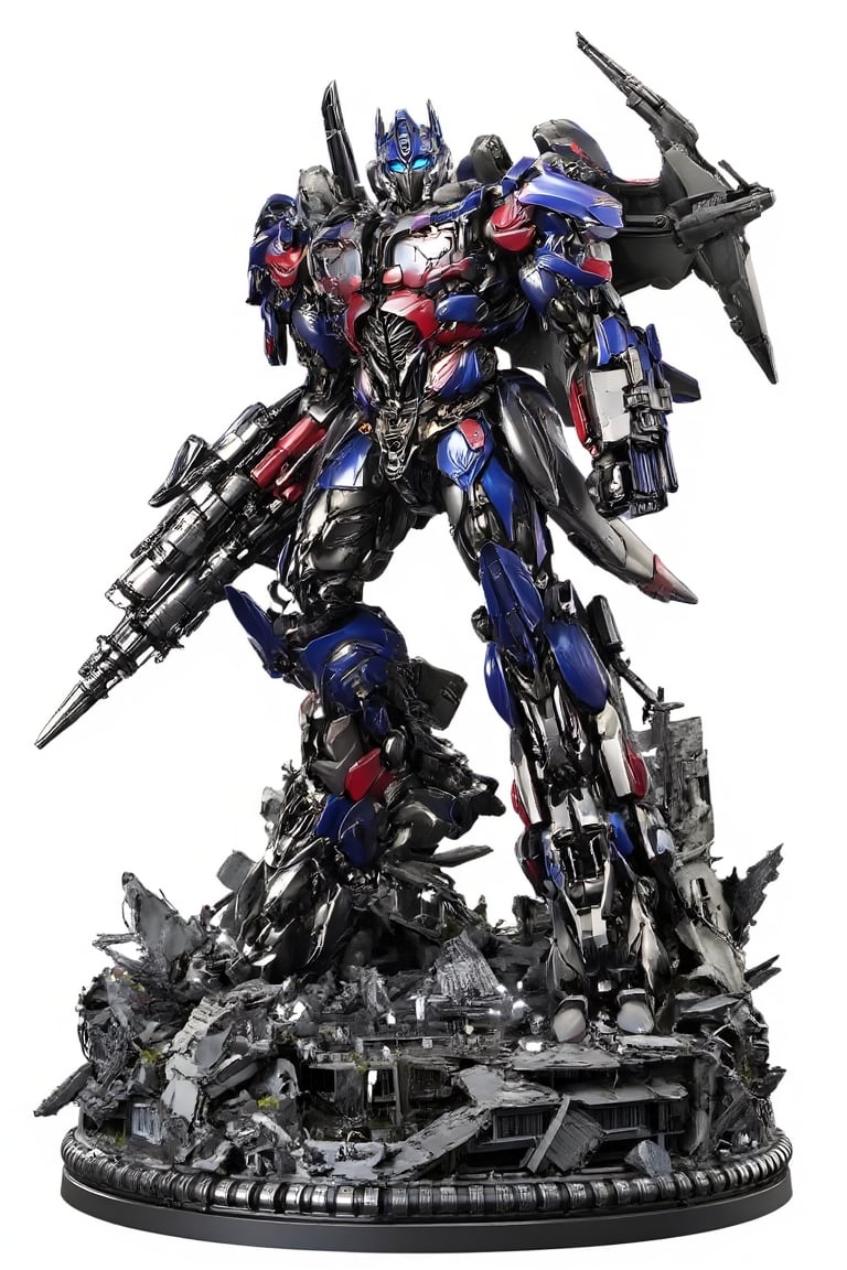 Optimus Prime stands firm on a circular base of shattered cityscape remnants, his powerful stance radiating tension. His arms flexed, one hand grasping the iconic energy sword while the other holds a blaster, feet planted apart and ready to strike. Glistening mechanical joints betray his coiled strength. Bright blue eyes blaze with determination as he surveys the war-torn landscape. The round base beneath him is a maze of collapsed buildings, ruined streets, and twisted metal, an apocalyptic backdrop for this mighty warrior's unwavering resolve.,Mecha,resin