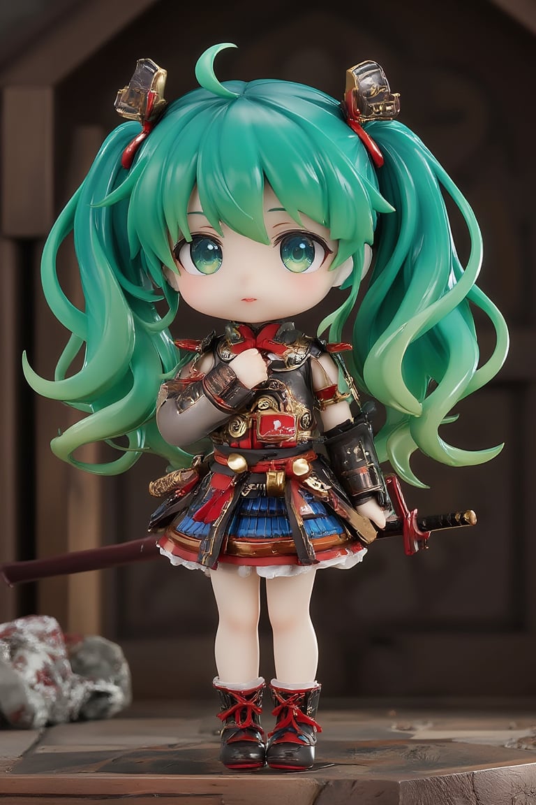 ((1 female)), Hatsune Miku, petite girl, full body, chibi, 3D figure little girl, green hair, twin tails, beautiful girl with attention to detail, beautiful delicate eyes, detailed face, beautiful eyes, Japan's Sengoku period samurai, wearing traditional samurai armor, holding a sword, holding a sword, one-handed sword, detail, dynamic beautiful pose, dynamic pose, Gothic architecture, natural light, ((realistic) ) Quality: 1.2 )), Dynamic Distance Shot, Cinematic Lighting, Perfect Composition, Super Detail, Official Art, Masterpiece, (Best) Quality: 1.3), Reflections, High Resolution CG Unity 8K Wallpaper, Detailed Background, Masterpiece, (Photorealistic): 1.2), Random Angle, Side Angle, Chibi, Full Body, Mikdef,