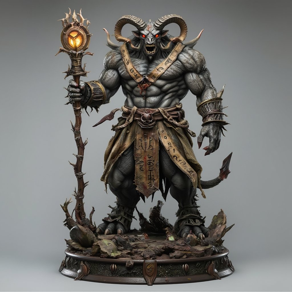 resin figure, towering, demonic creature with the body of a muscular beast, draped in tattered, rune-covered robes. Its grotesque head features multiple twisting ram horns, sharp fangs, and hollow eyes glowing with dark magic. The creature wields a massive, sinister staff topped with a chaotic, glowing symbol. Its clawed hands and hooved legs are covered in patches of decaying skin and fur. A long, segmented tail, ending in a sharp spike, curls menacingly behind it. The entire figure exudes an aura of dark sorcery and ancient evil, standing over a ruined, magical battlefield.",Skaven,An anime pvc figure of <...>,assassinkahb style,Enhanced all,resin