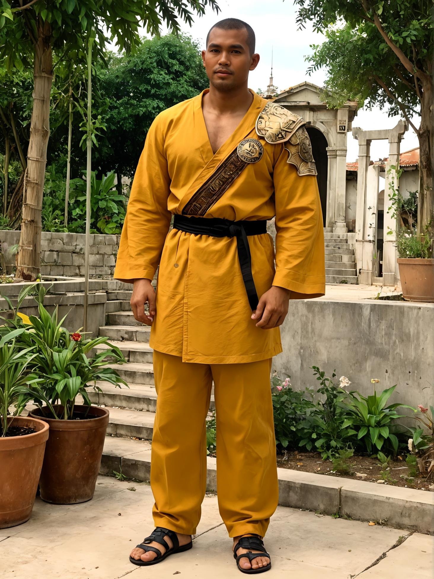 photo of gunkhomkritsd man wearing an amazing elven steel with gold robe over it full body full pant armor in a garden in ancient rome empire, hdr<lora:add-detail-xl:1> zPDXL3 <lora:GKBRezXL-B2:1>