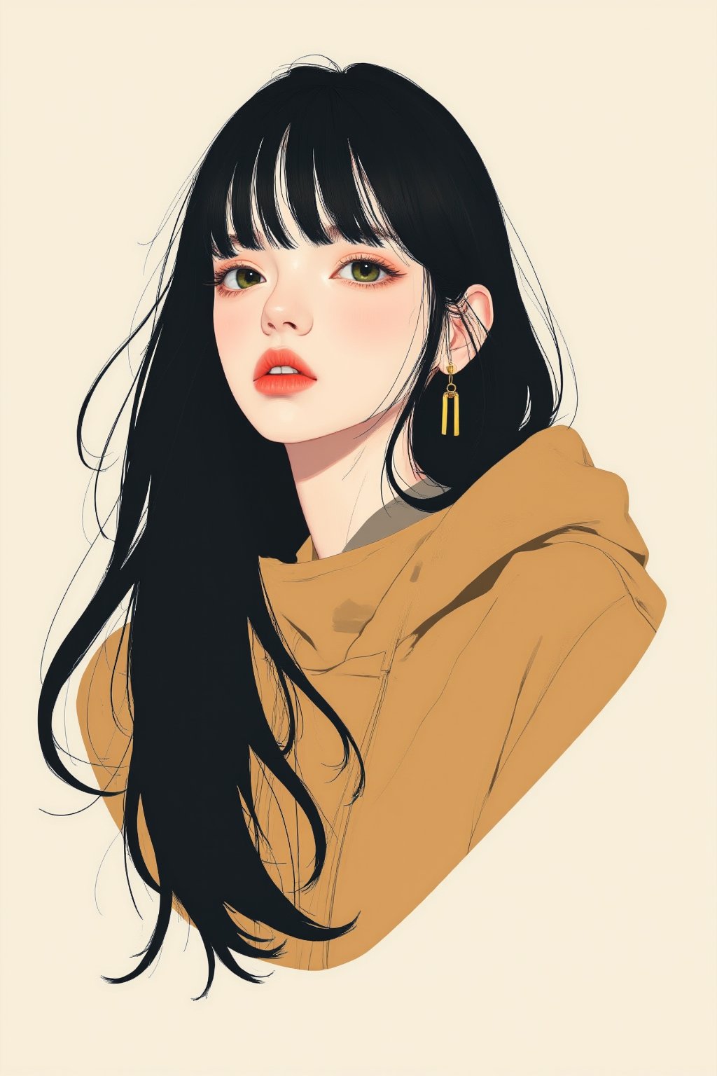 This is a fantasy-themed illustration with a minimalist design and a focus on a Japanese girl. The artwork features clean, minimal lines and smooth curves, with a muted, flat color palette that is modern and restrained. The girl's expression is slightly realistic, capturing subtle emotions while maintaining the simplicity of the overall design. The composition is uncluttered and elegant, with crisp edges and bold outlines, blending a modern aesthetic with a fashion editorial style that emphasizes simplicity and realism over vibrant colors. A minimalistic illustration of a beautiful girl with long, slightly disheveled black hair that contrasts with her innocent expression. She is wearing a casual yet refined autumn outfit and gazes thoughtfully into the distance. Her eyes and slightly parted lips add a captivating charm to the overall image.