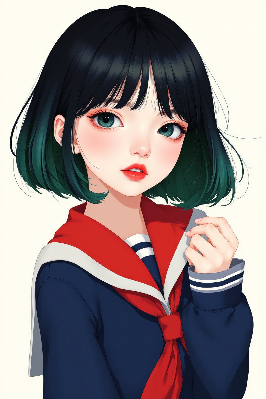 This is a fantasy-themed illustration featuring a colorful and minimalistic style. The focus is on a cute Japanese schoolgirl, embodying the kawaii aesthetic often seen in idols, with an innocent and simple appearance. 
A minimalistic portrait of a Japanese schoolgirl that evokes a sense of nostalgia. She wears a traditional navy-blue sailor uniform with a red scarf, paired with a modern and refined face, her fair skin and softly blushed cheeks creating a striking contrast. Her short hair is intricately detailed, reflecting alternating hues of black and green. relaxed pose,
(three quarter view:0), (from below:0.6), (dutch angle:0.4),cowboyshot,
wind, floating hair, looking at viewer, The artwork emphasizes clean lines, smooth curves, and sleek contours, with bold outlines, crisp shapes, and sharp edges. It is designed in a fashion editorial style, merging high fashion with a trendy, stylish, and professional look. The overall composition is uncluttered, balancing simplicity with high detail, and presented in a way that mirrors the aesthetics of a fashion magazine. ,