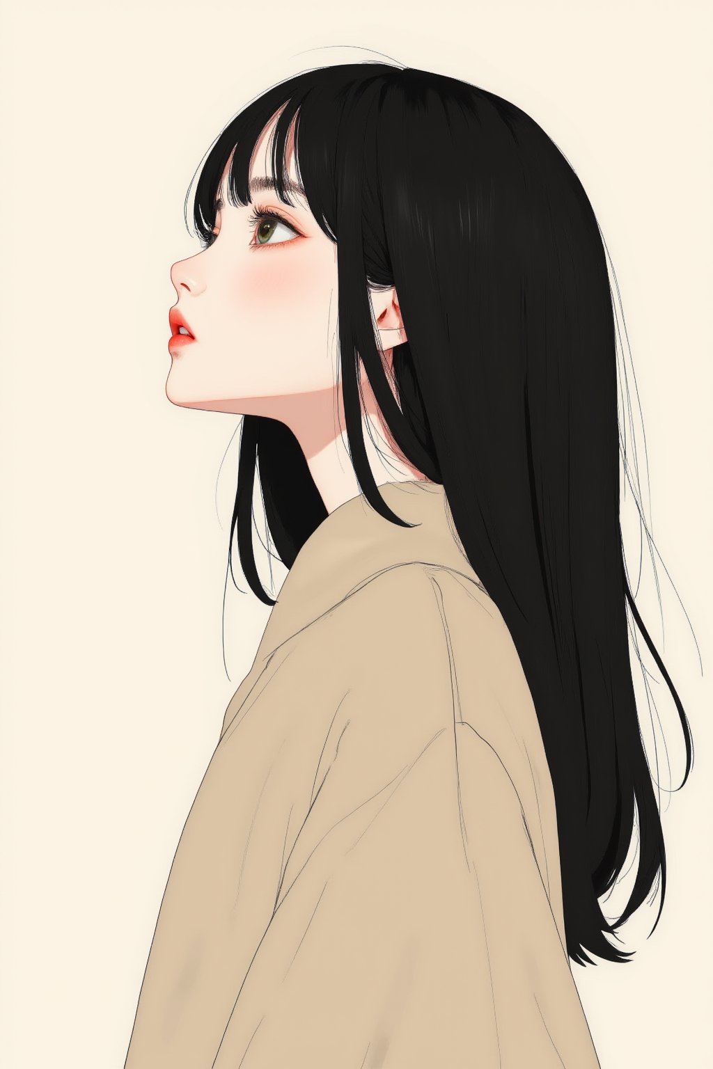 This is a fantasy-themed illustration with a minimalist design and a focus on a Japanese girl. The artwork features clean, minimal lines and smooth curves, with a muted, flat color palette that is modern and restrained. The girl's expression is slightly realistic, capturing subtle emotions while maintaining the simplicity of the overall design. The composition is uncluttered and elegant, with crisp edges and bold outlines, blending a modern aesthetic with a fashion editorial style that emphasizes simplicity and realism over vibrant colors. A minimalistic illustration of a beautiful girl with long, slightly disheveled black hair that contrasts with her innocent expression. She is wearing a casual yet refined autumn outfit and gazes thoughtfully into the distance. Her eyes and slightly parted lips add a captivating charm to the overall image.