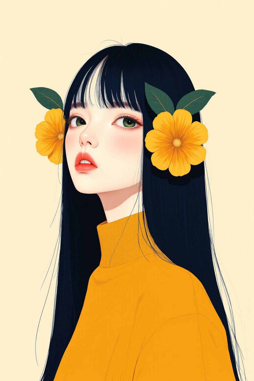 This is a fantasy-themed illustration featuring a colorful and minimalistic style. The focus is on a cute Japanese girl, embodying the kawaii aesthetic often seen in idols, with an innocent and simple appearance. The artwork emphasizes clean lines, smooth curves, and sleek contours, with bold outlines, crisp shapes, and sharp edges. It is designed in a fashion editorial style, merging high fashion with a trendy, stylish, and professional look. The overall composition is uncluttered, balancing simplicity with high detail, and presented in a way that mirrors the aesthetics of a fashion magazine. A minimalistic illustration of a beautiful girl with a gentle smile, shown in profile, wearing a cute hat that looks like something inspired by adorable animals, delicious fruits, or whimsical sweets from Wonderland. Her long black hair contrasts beautifully with the contemporary and pop patchwork design of her outfit. The indigo and golden-yellow colors of her hat and clothes create a modern, eye-catching contrast. A minimalistic portrait of a beautiful woman with elegant, melancholic eyes that exude deep contemplation, captivating anyone who gazes upon them. Her slightly pale, flawless white skin and long, jet-black hair resemble that of a traditional Japanese doll, while her slightly parted lips, like rose petals, add to her allure. She is dressed in a refined and modern mustard-colored turtleneck sweater, featuring a minimalist design that enhances her graceful appearance. ,