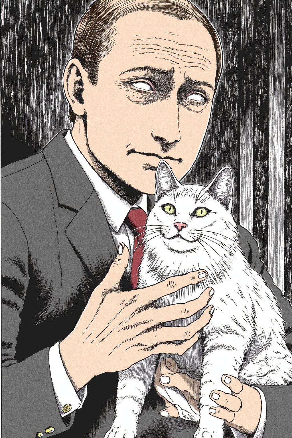 junji ito style, portrait of Putin, holding a white Persian cat.
