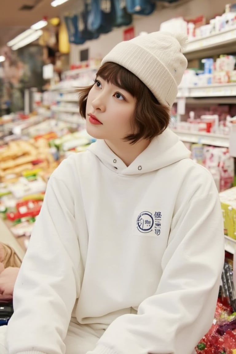 a woman, PTAIAsianBeauty, short bang wavy hair, sit on the supermarket, young and energetic, white sporty outfit, sweater hat, posing for photo