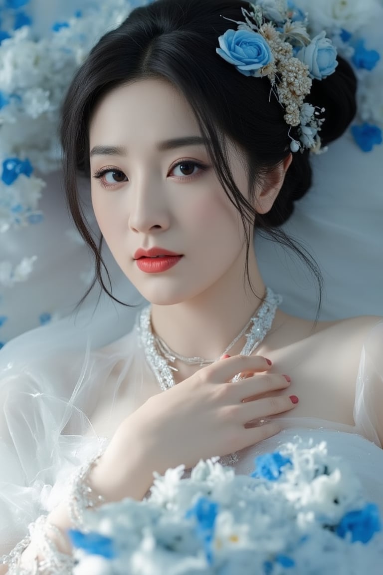 Photorealistic, cinematic, (side light:1.3), close up portrait, a woman, lie, (hand on chest), petals, blue rose decoration, white ren dress, veil, hair ornament, intricate carving jewelry, choker, ribbons, necklace, bracelet, jewelry headband, soft shadow, PTAIAsianBeauty